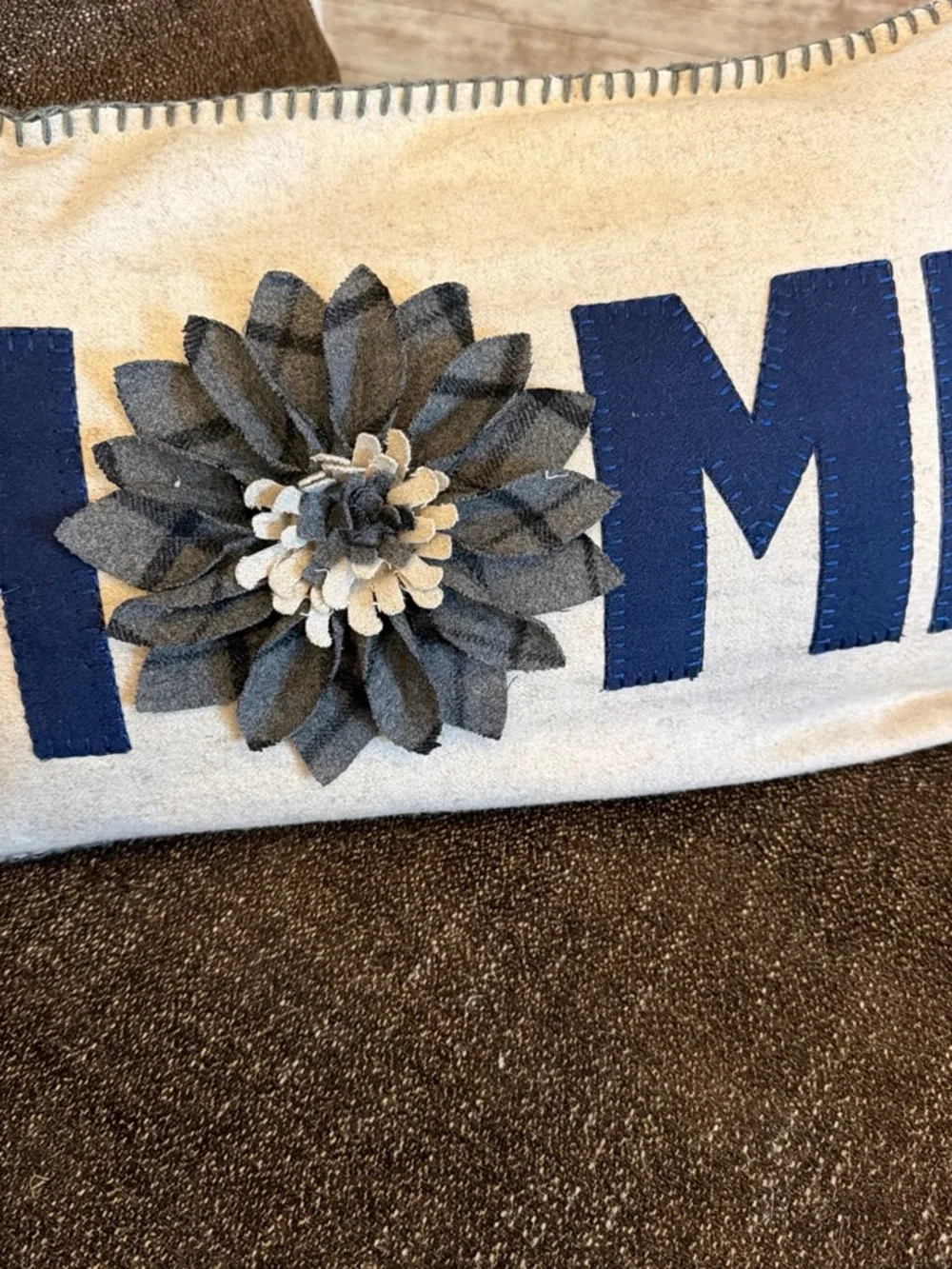 Decorative Floral Appliqué “HOME” Pillow Cover in Navy and Cream
